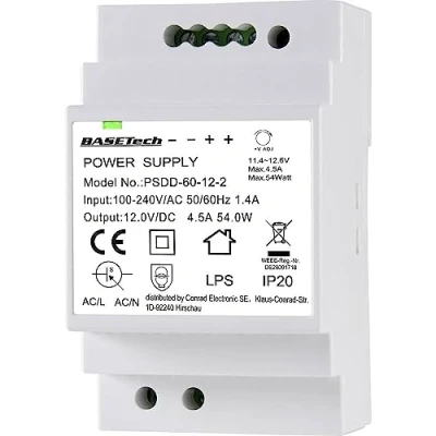 Afbeelding van Basetech PSDD 60 12 2 DIN rail netvoeding V 4.5 A 54 W Aantal uitgangen: x Inhoud: 1 stuk(s)