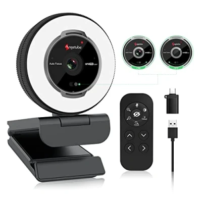 Afbeelding van Angetube Streaming Webcam met Microfoon 1080P 60Fps USB Ringlicht en Afstandsbediening HD 5X Digitale Zoom Ingebouwde Privacycover Voor PcComputerLaptopMacDesktop