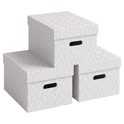 Afbeelding van VON Leitz 3 delige set opbergdozen met deksel, 15 l, medium, 100% gerecycled karton, geometrisch design, voor school, studie en huishouden, wit, stuks, 61410001