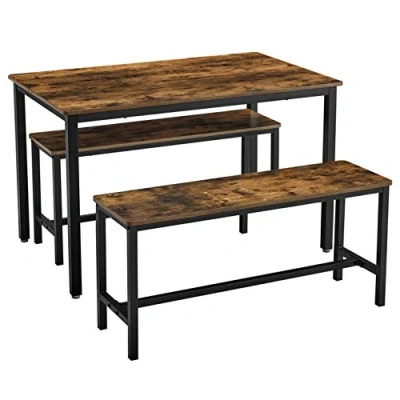 Afbeelding van VASAGLE Eettafel, keukentafel set, 110 x 70 75 cm, met 2 banken elk 97 30 50 metalen frame, voor keuken, woonkamer, eetkamer, industrieel ontwerp, vintage bruin zwart KDT070B01