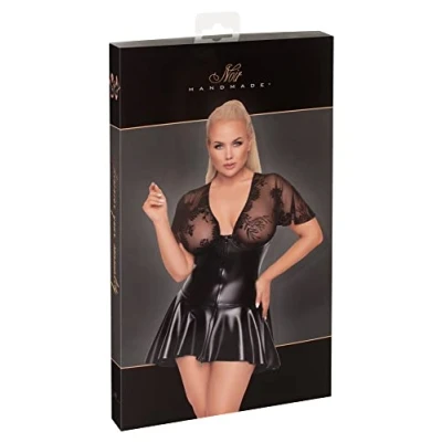 Afbeelding van Noir Handmade Wetlook Mini jurkje Met Klokrokje en Elastisch Kant Grote Maten/Plus Size 4XL