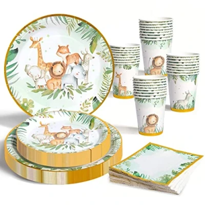 Afbeelding van Jungle Safari Thema Feestservies Set, Kids Verjaardagsfeestartikelen 96 stuks Papieren Borden en Servetten Bekers, Wegwerp Baby Douche voor Verjaardag