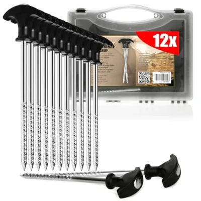 Afbeelding van 12 x tentharingen van staal robuuste haringen met schroefdraad in transportbox voor camping en outdoor ideaal normale harde bodem T greep