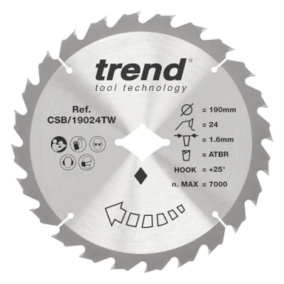 Afbeelding van Trend Craft Pro Thin Kerf TCT Wormdrive cirkelzaagblad, 190mm x 24 tanden 5/8inch boring, polygoon uitsparing, hardmetaal getipt, CSB/19024TW