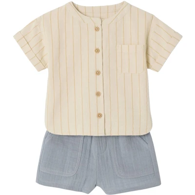 Afbeelding van Vertbaudet Babyset met gestreept linnen overhemd + korte sweater van hydrofielkatoen