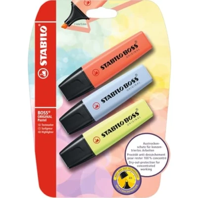 Afbeelding van Tekstmarkeerstift STABILO BOSS ORIGINAL Pastel 3 stuks koraal rood, baby blauw, snufje limoen