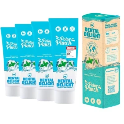 Afbeelding van TEST WINNER bij Stiftung Warentest, de bekendste onderscheiding voor consumptiegoederen in Duitsland (graad 1.2, VERY GOOD): DENTAL DELIGHT Polar Punch 4 pack tandpasta, Glacier Mint Vegan Klimaatneutraal, Microplastic Vrij
