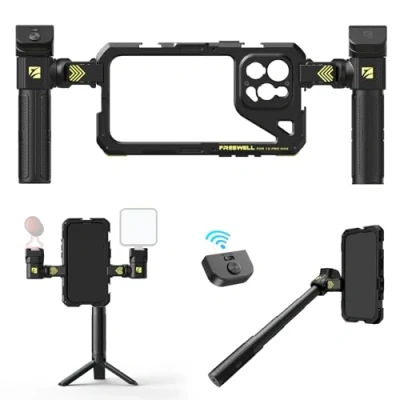 Afbeelding van Freewell Multifunctionele Genius Rig Cage zonder gereedschap voor smartphone, snelle installatie, statief en monopod handgrepen, Bluetooth afstandsbediening iPhone 15 Pro Max