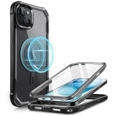 Afbeelding van i Blason AresMag hoesje voor iPhone 15/iPhone 14 hoesje/iPhone 13 [6,1 inch], [MagSafe compatibel] volledig schokbestendig, robuust, transparant bumperhoesje met ingebouwde schermbeschermer