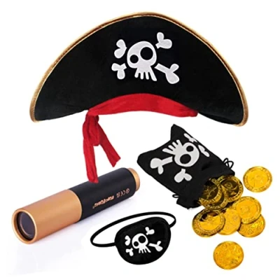 Afbeelding van papapanda piratenhoed ooglapje Caribische telescoop gouden munten schat tas voor kinderen