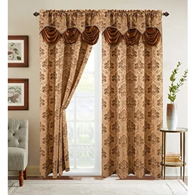 Afbeelding van Elegant Comfort Jacquard look gordijnpaneelset met bijgevoegde watervalvolant, (set van 2), 137 x 213 cm, goud/bruin