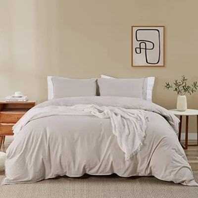 Afbeelding van Soifox Beddengoed, 200 x 220 cm, beige, beddengoedset van microvezel, strijkvrij en kreukvrij, dekbedovertrek cm set, met kussensloop 80 set 2, ritssluiting