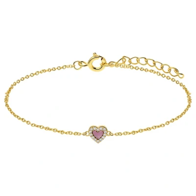 Afbeelding van Lucardi Dames Zilveren goldplated ketting met een hartvormige Rhodonite gemstone Armband Staal Goud 19 cm