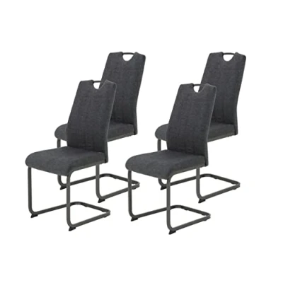 Afbeelding van Apollo Britta Eetkamerstoel, set van 4 stuks, schommelstoel, geweven stof, microvezel, antraciet, metalen frame, grijs, rugleuning met handvat