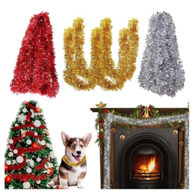Afbeelding van Xiuyer kerst dikke klatergoud slinger, lange 30 meter rood zilver goud kerstdecoratie voor kerstboom