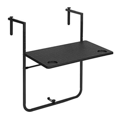 Afbeelding van WOLTU Balkonhangtafel, inklapbaar, balkontafel om op te hangen, hangtafel voor balkonleuningen, bijzettafel, klaptafel met 3 in hoogte verstelbaar, tafelblad 60 x 36 cm, rotan look, zwart CPT8142sz