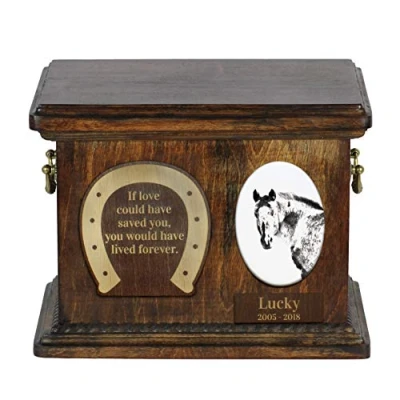 Afbeelding van Art Dog Custom Horse Memorial urn Handgemaakte houten Gepersonaliseerde keramische plaat en gravure Duurzame langdurige 8,3x11,4x8,7 Appaloosa