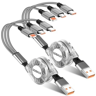 Afbeelding van SDBAUX Mult 3 in 1 USB kabel, 2 stuks/1 m, snel opladen, 3,1 A, intrekbare oplaadkabel met 8 pins type C Micro poort, compatibel iPhone Samsung Galaxy Google Pixel LG (alleen opladen) (3 1)