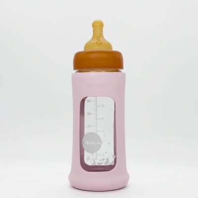 Afbeelding van HEVEA Plastic Free glazen babyfles met brede hals Medium Flow Anti Koliek Baby Bottles 3 24 maanden Milieuvriendelijk, BPA vrij, per stuk verpakt (250 ml)