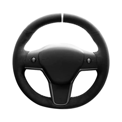 Afbeelding van Alfanxi Handsteek Naaien Italië Alcantara Auto Stuurhoes Wrap voor Tesla Model 3/Tesla Y (Zwart Alcantara+Witte Streep)