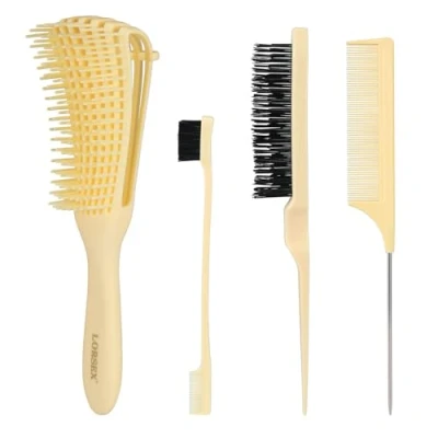Afbeelding van LORSEX Haarborstel, ontwarringsborstel voor natuurlijk haar afrohaar, 3A tot 4c, verward, golvend, krullend haar, met 3 delige toupierborstelset, dubbele borstel en kam (lichtgeel)