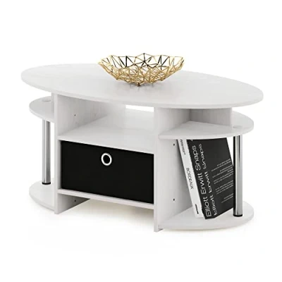 Afbeelding van Furinno Simple Design Ovale salontafel met bak, hout, wit eiken/chroom/zwart, 89,9 (B) x 41,7 (H) 50 (D) cm
