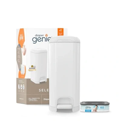 Afbeelding van Diaper Genie Select Pail is gemaakt van duurzaam roestvrij staal en bevat 1 Starter Square Refill die tot 165 luiers pasgeborenenformaat kan bevatten.