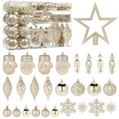 Afbeelding van Alupssuc 80 stuks kerstballen ornamenten set, kerstboomdecoraties, onbreekbare plastic hangende met haken voor kerstfeest bruiloft vakantie, champagnegoud