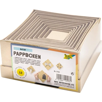 Afbeelding van Folia dozen voor decoratie, vierkant, uit karton, pak van 12 stuks in geassorteerde maten, bruin knutselmateriaal