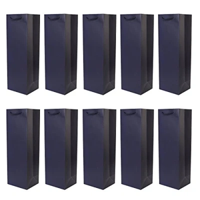 Afbeelding van Set van 10 cadeautasjes donkerblauwe flestasjes voor wijn en ook mousserende of champagne 36x12x10 cm