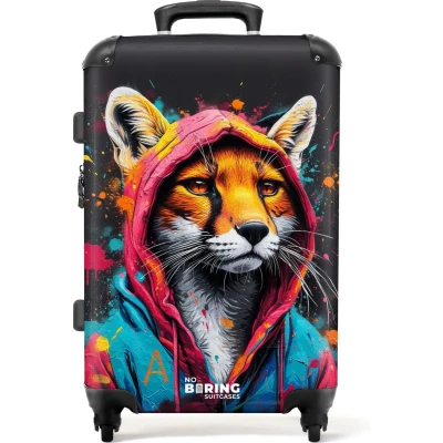 Afbeelding van NoBoringSuitcases.com® Koffer groot Rolkoffer lichtgewicht Vos met roze en blauwe jas verfspetters Reiskoffer 4 wielen Grote trolley XL 20 kg bagage