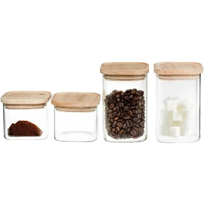 Afbeelding van Set van 4 voorraadbussen/voorraadpotten 0,5L 1L glas met houten deksel Voorraadpot