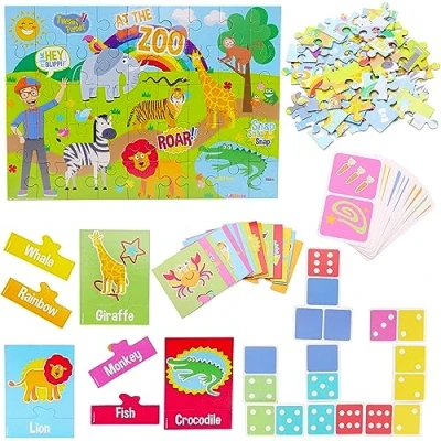 Afbeelding van Toyland® My First 3 in 1 Blippi puzzelset legpuzzel van 45 stukjes, 28 dominostenen en puzzelspel geschikt voor kinderen vanaf jaar leerspellen