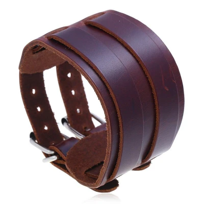 Afbeelding van Armband Heren Breed Bruin Leer met Dubbele Gesp Leren Armbanden Cadeau voor Man Mannen Cadeautjes
