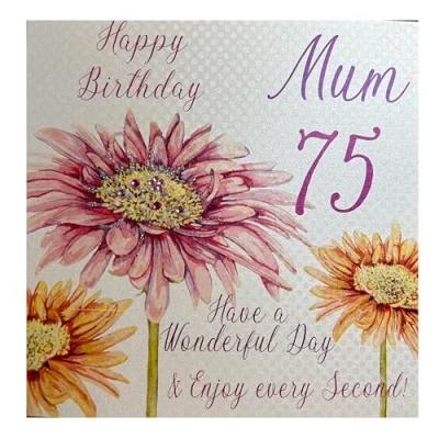 Afbeelding van white cotton cards Pink Gerbera, Happy 75 mum Have a Wonderful Day Handgemaakte 75e verjaardagskaart, wit, wba75