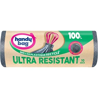 Afbeelding van HANDY BAG 10 vuilniszakken, 100 l, ultra resistent, 80% gerecyclede kunststof, sluiting met duwstang, technologie ultrabescherming, 3 laags, lekvrij, 82 x 90 cm