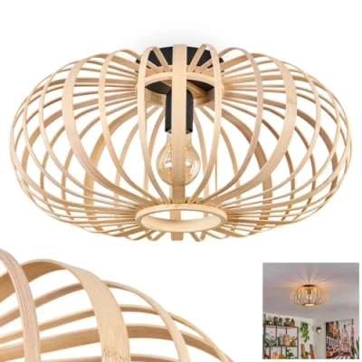 Afbeelding van Oravi plafondlamp, ronde plafondlamp van bamboe/hout/metaal in naturel/zwart, 1 vlam, E27 fitting, Ø 45 cm, boho licht met geweldig lichteffect door rasteroptiek, zonder gloeilamp
