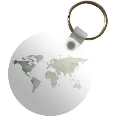Afbeelding van Sleutelhanger Wereldkaart Simpel Grijs Plastic Rond Uitdeelcadeautjes