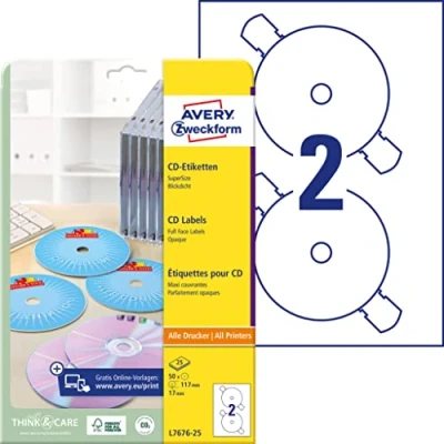 Afbeelding van Etiket Avery L7676 25 CD full size mat wit 50stuks