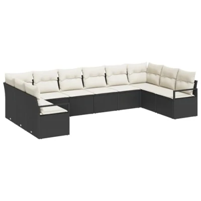 Afbeelding van vidaXL 10 delige Tuin Sofa Set met Kussens Zwart Poly Rattan, 2 Zitter Rattan