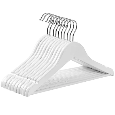 Afbeelding van SONGMICS kinderkledinghanger van massief hout, 10 stuks, houten hanger voor kinderen met anti slip broekspijpen en inkepingen, 360 draaibare haak, 35 x 1,2 20 cm, wit CRW006W02