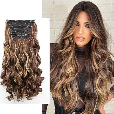 Afbeelding van CAISHA XXL 4 Delige Set Clip In Extensions Haarverlenging Haarstukje Volumineus Golvend Bruin Blond Mix CES310 1
