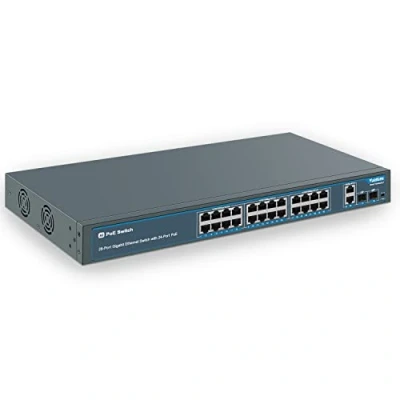 Afbeelding van YuanLey 28 poorts Gigabit PoE switch met 24 PoE+@400W, 2 Uplink poort, SFP, stevig metaal voor desktop/rackmontage, AI Watchdog, VLAN, Plug and Play, Unmanaged