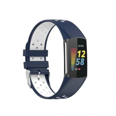 Afbeelding van FitBit Charge 5 &amp; 6 Sportbandje met gesp Donkerblauw / wit Tweekleurig Maat: L