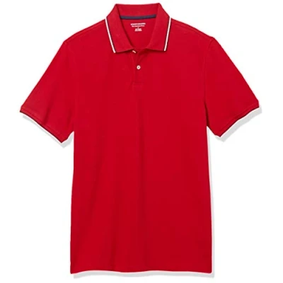 Afbeelding van Amazon Essentials Men&#039;s Poloshirt van piqué katoen met slanke pasvorm, Marineblauw/Rood/Wit, XL