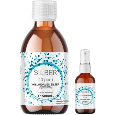 Afbeelding van 1 x 500 ml colloïdaal zilver (40 ppm) in bruine glazen fles met 30 spuitfles, zilverwater, zuiver water, 100%