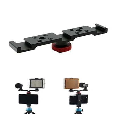 Afbeelding van Dual camera flitslicht beugel flitshouder flitsschoen met 1/4 3/8 inch schroefgaten voor LED licht statief microfoon DSLR, zwart