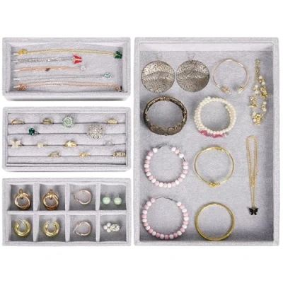 Afbeelding van Belle Vous Grijs Velours Stapelbare Sieraden Organizer Opslag Bakken (4 Pak) 35,3 x 24,2 cm Lade Display Dozen Verwijderbare Secties Voor Kettingen, Ringen, Armbanden &amp; Oorbellen