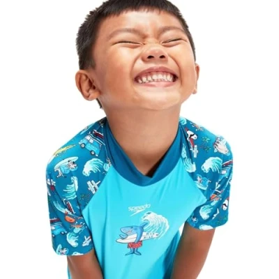 Afbeelding van Speedo Jongens leren zwemmen zon bescherming top en kort, harmonie Blauw/Bondi/Becah Blauw/Wit, 5 jaar, Harmony jaar