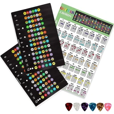 Afbeelding van Gitaarfretbordstickers, kleurgecodeerde notitiestickers met gitaarakkoorden schaaldiagram voor beginners en leerlingen, oefeningen, geschikt 6 snaren, akoestische gitaar